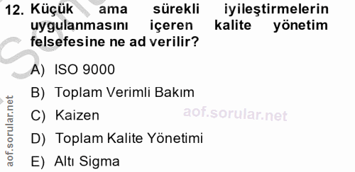 12. soru: Küçük ama sürekli iyileştirmelerin uygulanmasını içeren kalite yönetim felsefesine ne ad verilir? A) ISO 9000 B) Topl…