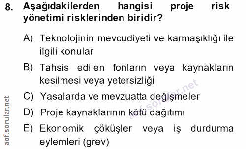 8. soru: Aşağıdakilerden hangisi proje risk yönetimi risklerinden biridir? A) Teknolojinin mevcudiyeti ve karmaşıklığı ile ilg…