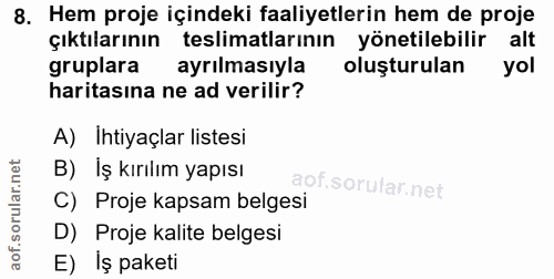 8. soru: Hem proje içindeki faaliyetlerin hem de proje çıktılarının teslimatlarının yönetilebilir alt gruplara ayrılmasıyla ol…