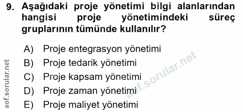 9. soru: Aşağıdaki proje yönetimi bilgi alanlarından hangisi proje yönetimindeki süreç gruplarının tümünde kullanılır? A) Proj…