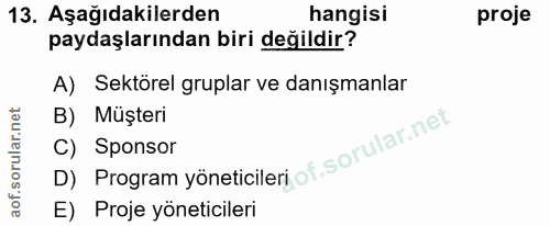 13. soru: Aşağıdakilerden hangisi proje paydaşlarından biri değildir? A) Sektörel gruplar ve danışmanlar B) Müşteri D) Program…
