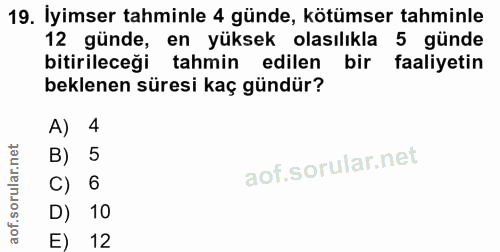 19. soru: İyimser tahminle 4 günde, kötümser tahminle 12 günde, en yüksek olasılıkla 5 günde bitirileceği tahmin edilen bir faa…