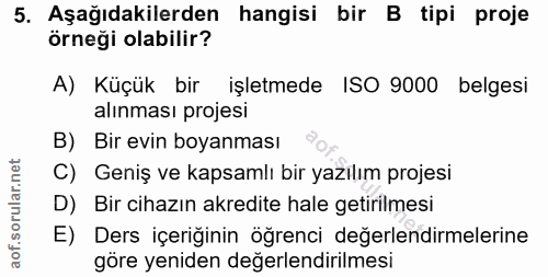 5. soru: Aşağıdakilerden hangisi bir B tipi proje örneği olabilir? A) Küçük bir işletmede ISO 9000 belgesi alınması projesi B)…