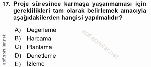 17. soru: Proje süresince karmaşa yaşanmaması için gereklilikleri tam olarak belirlemek amacıyla aşağıdakilerden hangisi yapılm…
