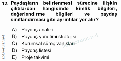12. soru: Paydaşların belirlenmesi sürecine ilişkin çıktılardan hangisinde kimlik bilgileri, değerlendirme bilgileri ve paydaş…