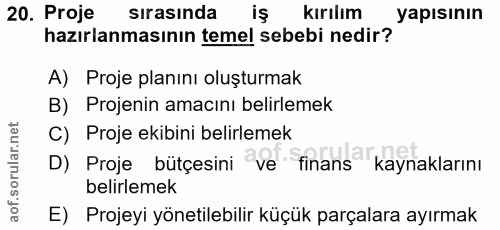 20. soru: Proje sirasında .un kırılım yapısının hazırlanmasının temel sebebi nedir? A) Proje planını oluşturmak B) Projenin ama…