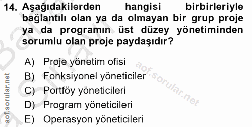 14. soru: Aşağıdakilerden hangisi birbirleriyle bağlantılı olan ya da olmayan bir grup proje ya da programın üst düzey yönetimi…