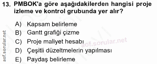 13. soru: PMBOK'a göre aşağıdakilerden hangisi proje izleme ve kontrol grubunda yer alır? A) Kapsam belirleme B) Gantt grafiği…