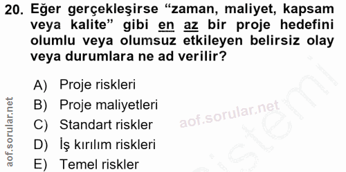 20. soru: Eğer gerçekleşirse "zaman, maliyet, kapsam veya kalite" gibi en az bir proje hedefini olumlu veya olumsuz etkileyen b…