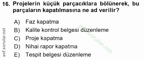 16. soru: Projelerin küçük parçacıklara bölünerek, bu parçaların kapatılmasına ne ad verilir? A) Faz kapatma B) Kalite kontrol…