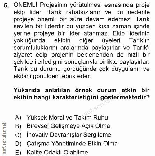 5. soru: ONEMLI Projesinin yürütülmesi esnasında proje ekip lideri Tarık rahatsızlanır ve bu nedenle projeye önemli bir süre d…