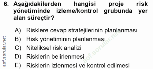 6. soru: Aşağıdakilerden hangisi proje risk yönetiminde izleme/kontrol grubunda yer alan süreçtir? A) Risklere cevap stratejil…