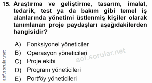 15. soru: Araştırma ve geliştirme, tasarım, imalat, tedarik, test ya da bakım gibi temel is alanlarında yönetimi üstlenmiş kişi…