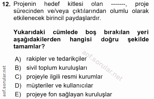 12. soru: Projenin hedef kitlesi olan proje sürecinden ve/veya çıktılarından olumlu olarak etkilenecek birincil paydaşlardır. Y…