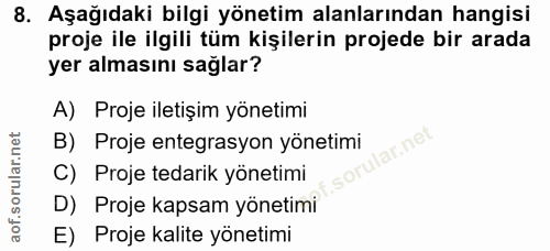 8. soru: Aşağıdaki bilgi yönetim alanlarından hangisi proje ile ilgili tüm kişilerin projede bir arada yer almasını sağlar? A)…