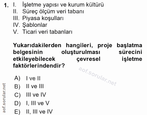 1. soru: !: Işletme yapısı ve kurum kültürü Il. Süreç ölçüm veri tabanı III. Piyasa koşulları IV. Şablonlar V. Ticari veri tab…