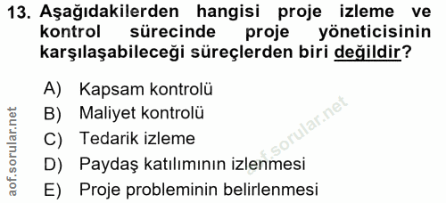 13. soru: Aşağıdakilerden hangisi proje izleme ve kontrol sürecinde proje yöneticisinin karşılaşabileceği süreçlerden biri deği…