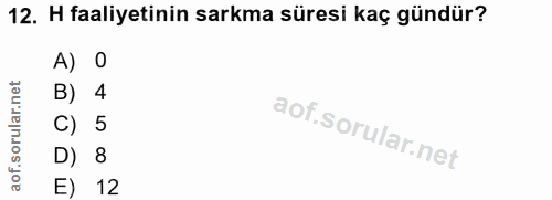 12. soru: H faaliyetinin sarkma süresi kaç gündür? A) 0 orular.net B) 4 C) 5 D) 8 aof. E) 12