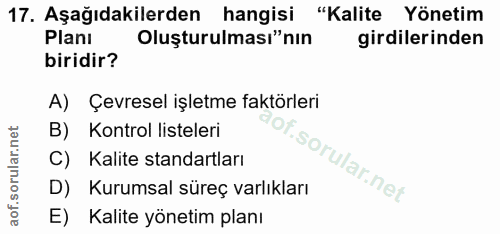 17. soru: Aşağıdakilerden hangisi "Kalite Yönetim Planı Oluşturulması"nın girdilerinden biridir? A) Çevresel işletme faktörleri…