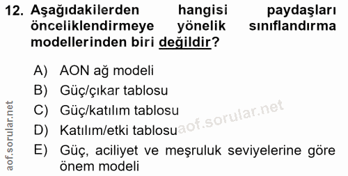 12. soru: Aşağıdakilerden hangisi paydaşları önceliklendirmeye yönelik sınıflandırma modellerinden biri değildir? A) AON ağ mod…