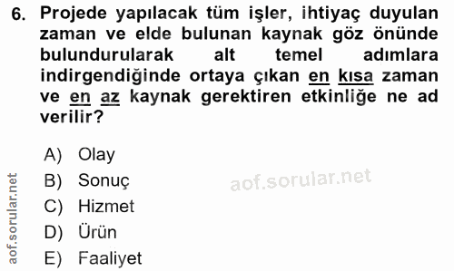 6. soru: Projede yapılacak tüm işler, ihtiyaç duyulan zaman ve elde bulunan kaynak göz önünde bulundurularak alt temel adimlar…