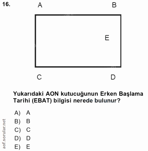 16. soru: A B E D Yukarıdaki AON kutucuğunun Erken Başlama Tarihi (EBAT) bilgisi nerede bulunur? A) A в) B C) C D) D E) E