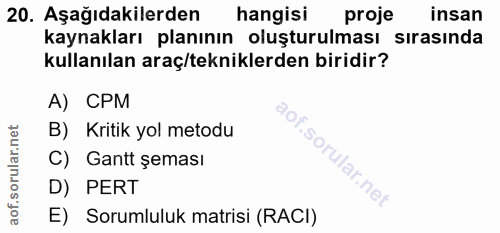 20. soru: Aşağıdakilerden hangisi proje insan kaynakları planının oluşturulması sırasında kullanılan araç/tekniklerden biridir?…