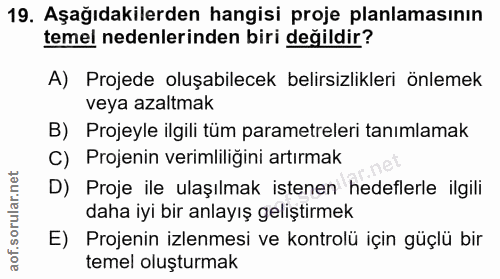 19. soru: Aşağıdakilerden hangisi proje planlamasının temel nedenlerinden biri değildir? A) Projede oluşabilecek belirsizlikler…