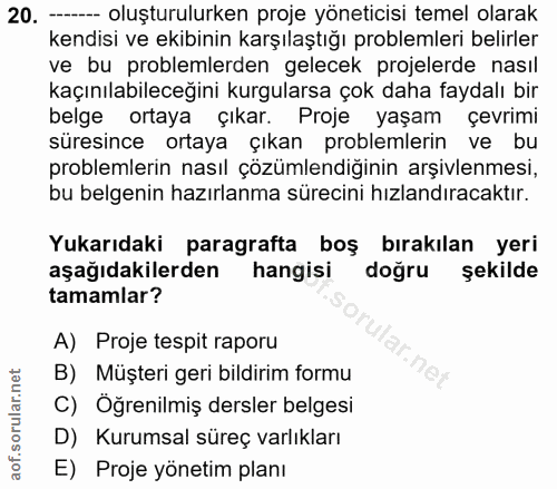 20. soru: - oluşturulurken proje yöneticisi temel olarak kendisi ve ekibinin karşılaştığı problemleri belirler ve bu problemler…