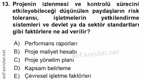 13. soru: Projenin izlenmesi ve kontrolü sürecini etkileyebileceği düşünülen paydaşların risk toleransı, işletmelerin yetkilend…