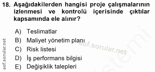 18. soru: Aşağıdakilerden hangisi proje çalışmalarının izlenmesi ve kontrolü içerisinde çıktılar kapsamında ele alınır? B) Mali…