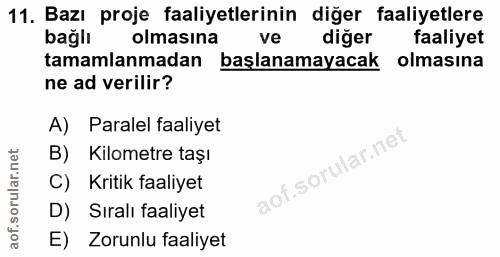 11. soru: Bazı proje faaliyetlerinin diğer faaliyetlere bağlı olmasına ve diğer faaliyet tamamlanmadan başlanamayacak olmasına…