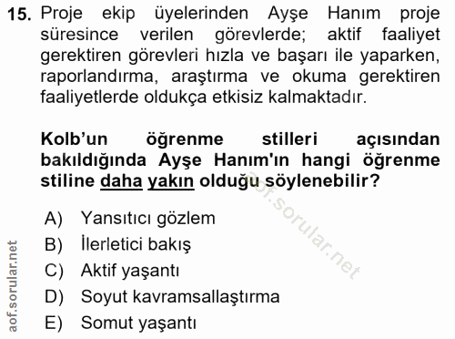 15. soru: Proje ekip üyelerinden Ayşe Hanım proje süresince verilen gorevlerde; aktif faaliyet gerektiren görevleri hızla ve ba…