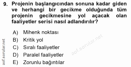 9. soru: Projenin başlangıcından sonuna kadar giden ve herhangi bir gecikme olduğunda tüm projenin gecikmesine yol açacak olan…