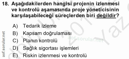 18. soru: Aşağıdakilerden hangisi projenin izlenmesi ve kontrolü aşamasında proje yöneticisinin karşılaşabileceği süreçlerden b…