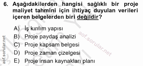 6. soru: Aşağıdakilerden hangisi sağlıklı bir proje maliyet tahmini için ihtiyaç duyulan verileri içeren belgelerden biri deği…