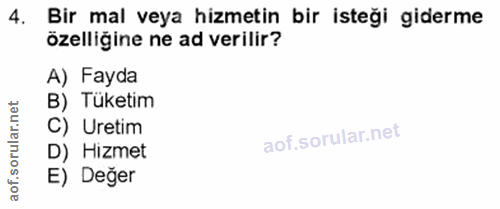 4. soru: Bir mal veya hizmetin bir isteği giderme özelliğine ne ad verilir? A) Fayda B) Tüketim C) Uretim D) Hizmet E) Değer