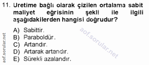 11. soru: Uretime bağlı olarak çizilen ortalama sabit maliyet eğrisinin şekli ilgili aşağıdakilerden hangisi doğrudur? A) Sabit…