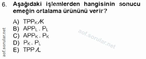 6. soru: Aşağıdaki işlemlerden hangisinin sonucu emeğin ortalama ürününü verir? А) ТРРк* B) APPL. PL C) APPK . PK D) PK. PL E)…