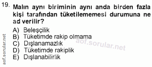 19. soru: Malın aynı biriminin aynı anda birden fazla kişi tarafından tüketilememesi durumuna ne ad verilir? A) Beleşçilik B) T…
