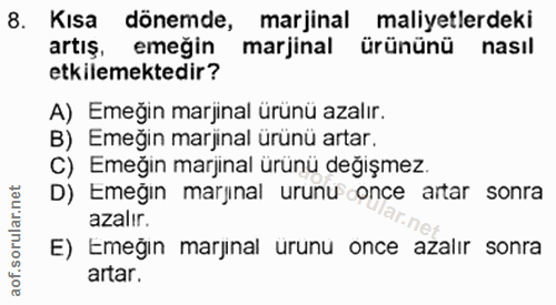 8. soru: Kısa dönemde, marjinal maliyetlerdeki artış. emeğin marjinal ürününü nasıl etkilemektedir? A) Emeğin marjinal ürünü a…