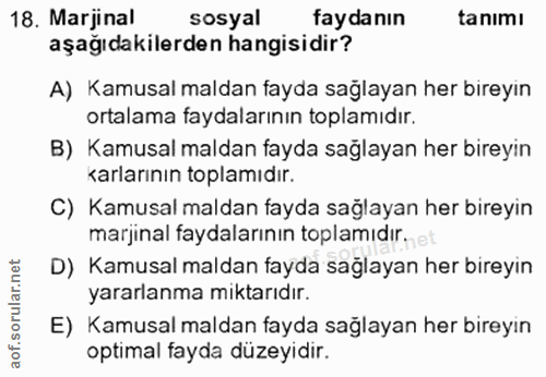 18. soru: Marjinal sosyal faydanın tanımı aşağıdakilerden hangisidir? A) Kamusal maldan fayda sağlayan her bireyin ortalama fay…