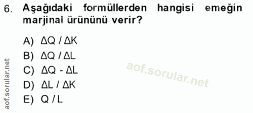 6. soru: Aşağıdaki formüllerden hangisi emeğin marjinal ürününü verir? А) ДQ / ДК B) AQ /AL C) AQ - AL D) AL / AK E) Q/L