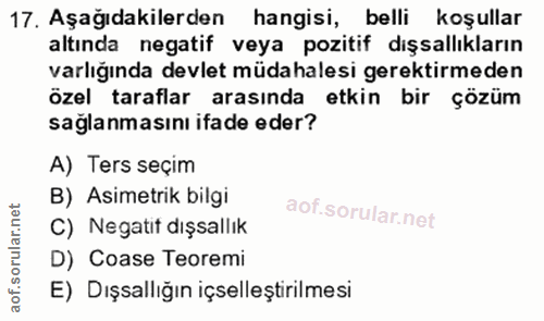 17. soru: Aşağıdakilerden hangisi, belli koşullar altında negatif veya pozitif dışsallıkların varlığında devlet müdahalesi gere…