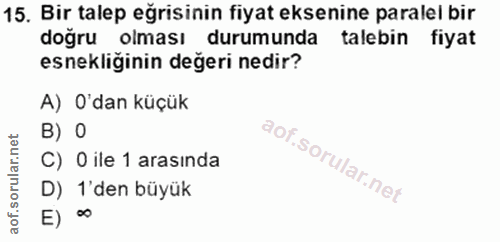 15. soru: Bir talep eğrisinin fiyat eksenine paralel bir doğru olması durumunda talebin fiyat esnekliğinin değeri nedir? A) O'd…