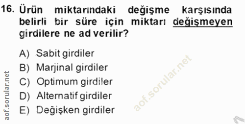 16. soru: Ürün miktarındaki değişme karşısında belirli bir süre için miktarı değişmeyen girdilere ne ad verilir? A) Sabit girdi…