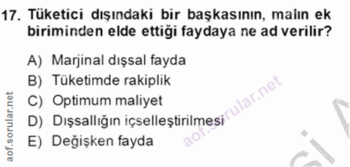 17. soru: Tüketici dışındaki bir başkasının, malın ek biriminden elde ettiği faydaya ne ad verilir? A) Marjinal dışsal fayda B)…
