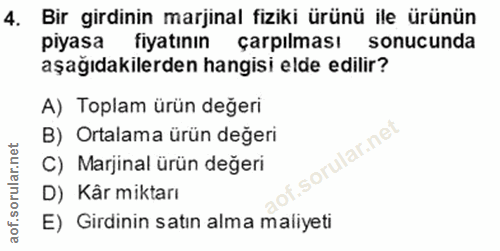 4. soru: Bir girdinin marjinal fiziki ürünü ile ürünün piyasa fiyatının çarpılması sonucunda aşağıdakilerden hangisi elde edil…