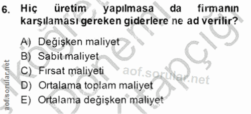 6. soru: Hiç üretim yapılmasa da firmanın karşılaması gereken giderlere ne ad verilir? A) Değişken maliyet B) Sabit maliyet C)…