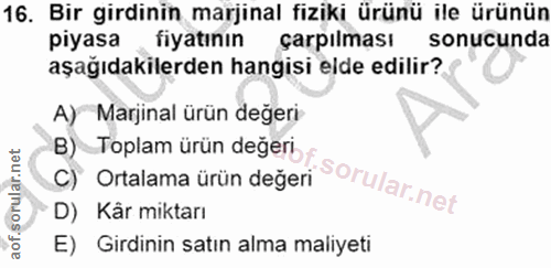 16. soru: Bir girdinin marjinal fiziki ürünü ile ürünün piyasa fiyatının carpılması sonucunda aşağıdakilerden hangisi elde edil…